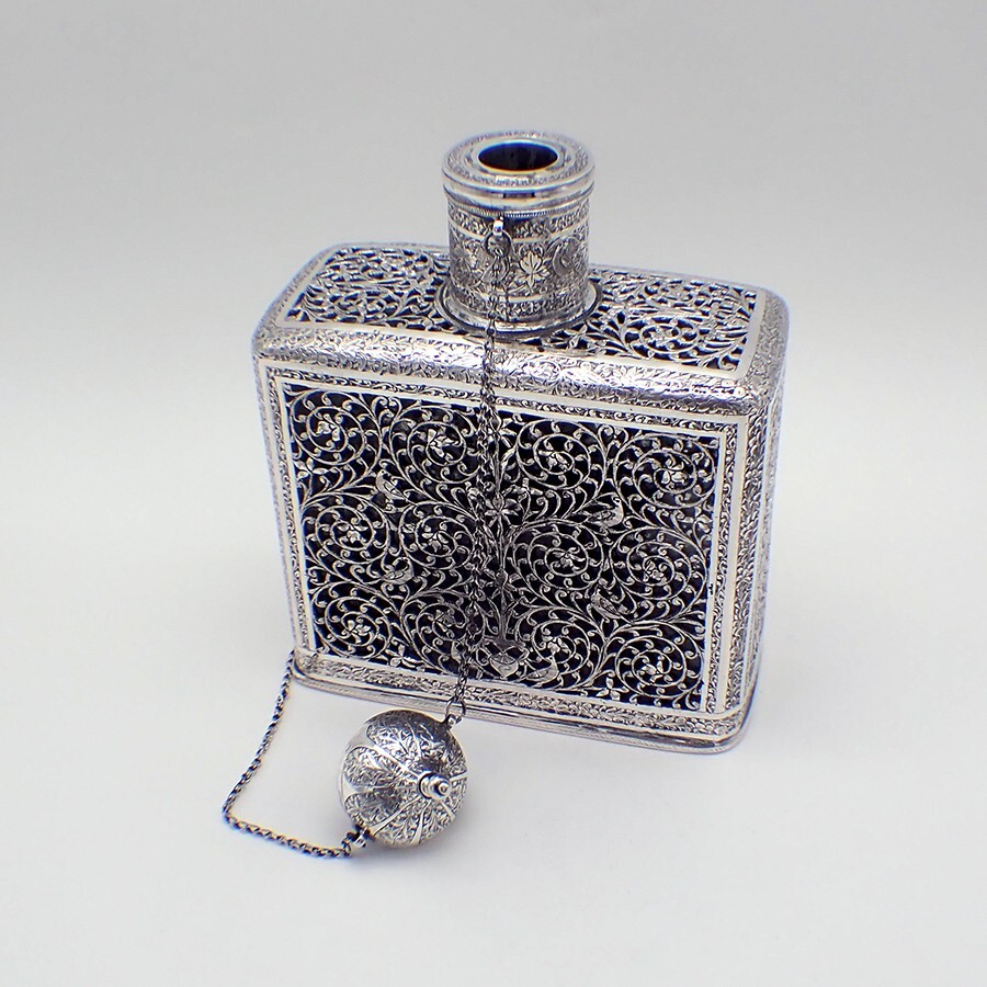 Ornate Decanter Flask Thick Silver Overlay Middle Eastern 900 Silver