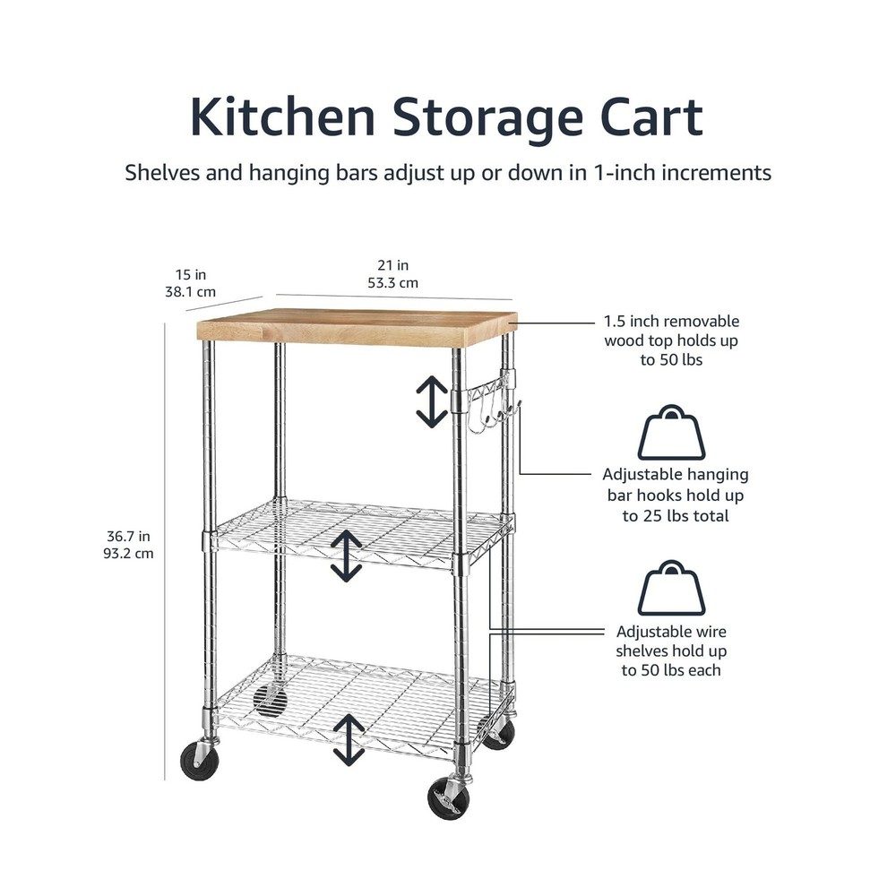 Amazon Basics Portable 3-Tier Kitchen Storage Rack w/Caster Wheels Adjustable