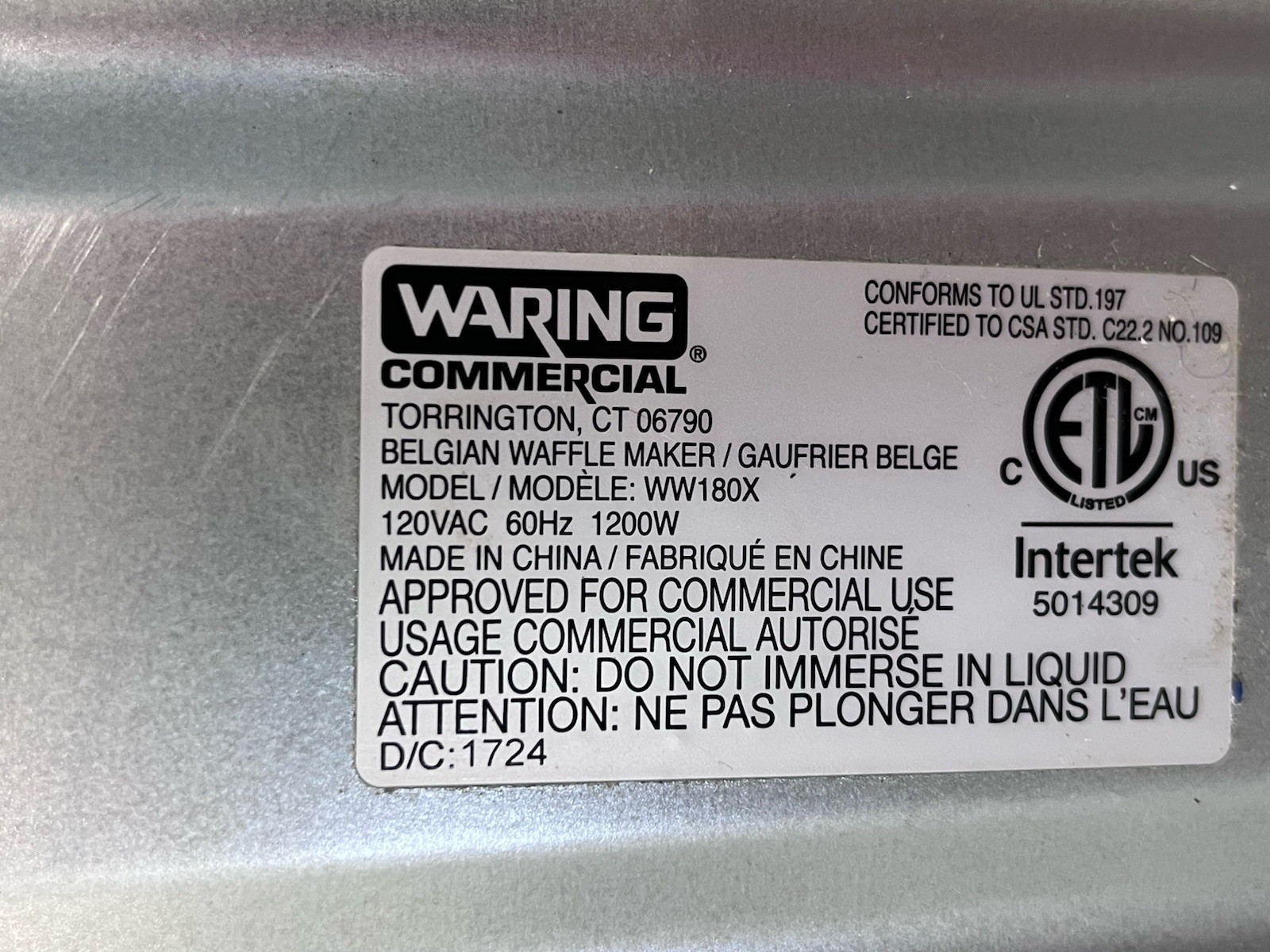 WARING COMMERCIAL BELGIAN WAFFLE MAKER WW180X *READ