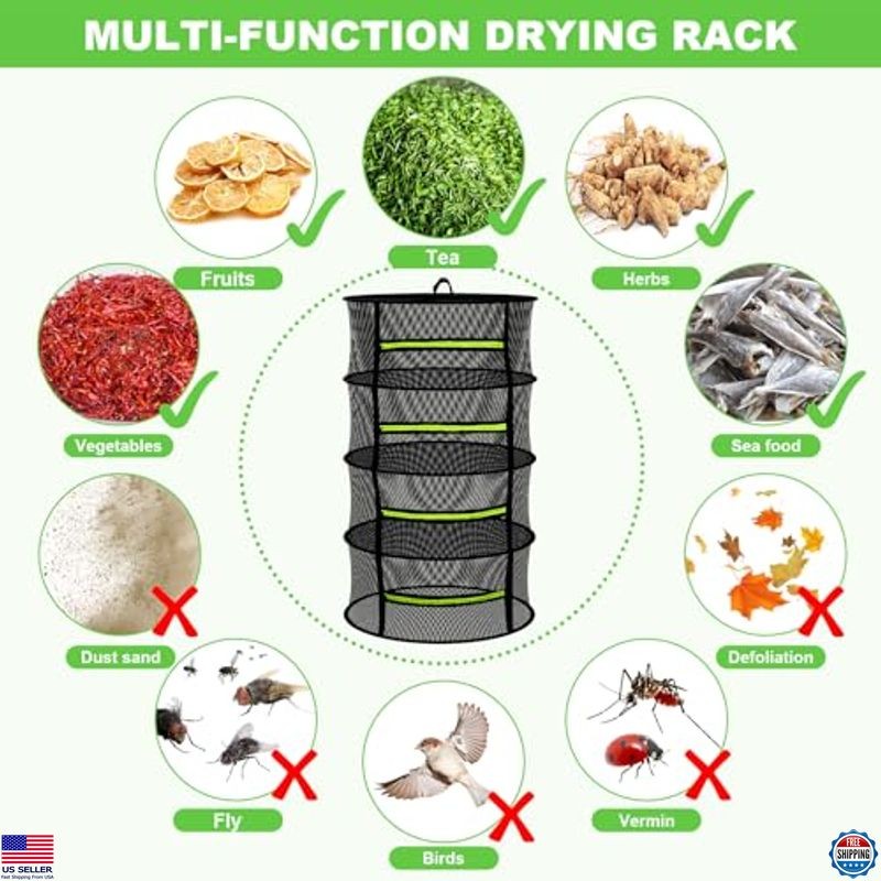 6-Layer Herb Drying Rack with Mesh, Green Zipper & Pruning Shears - Versatile