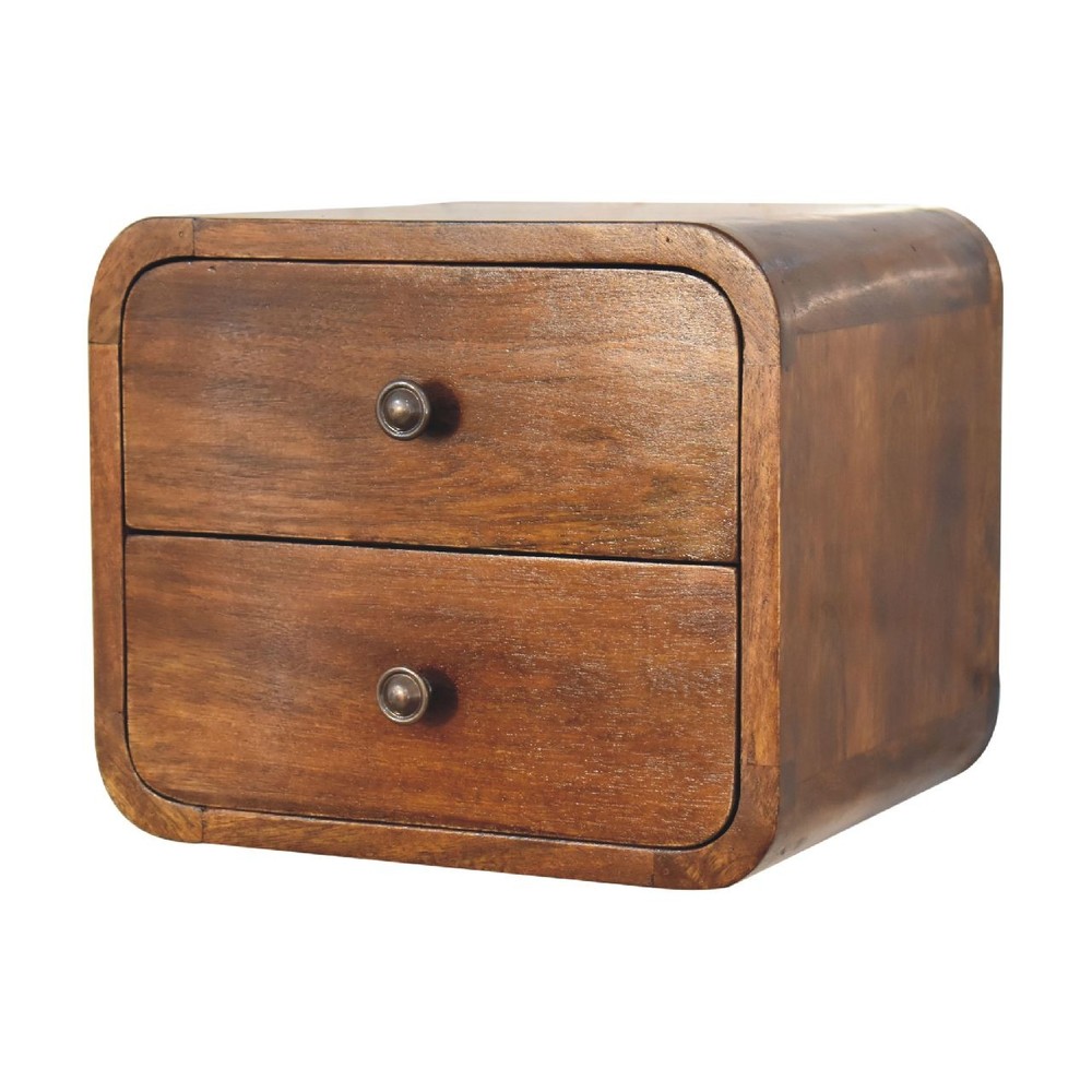 Solid Wood Floating Mini Nightstand, 2-Drawers, Chestnut, Brown