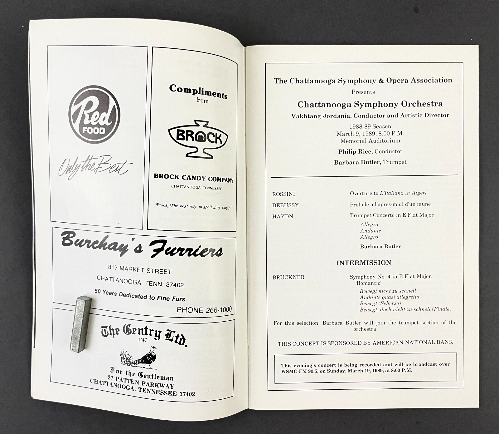 1988-1989 Season Chattanooga Symphony Opera Vintage Playbill Tennessee Ads