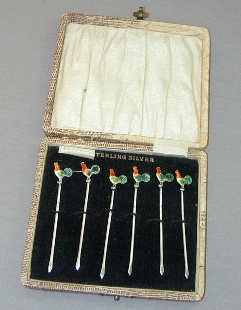 Art Deco Sterling Guilloche Enamel Rooster Cocktail Picks Original Box
