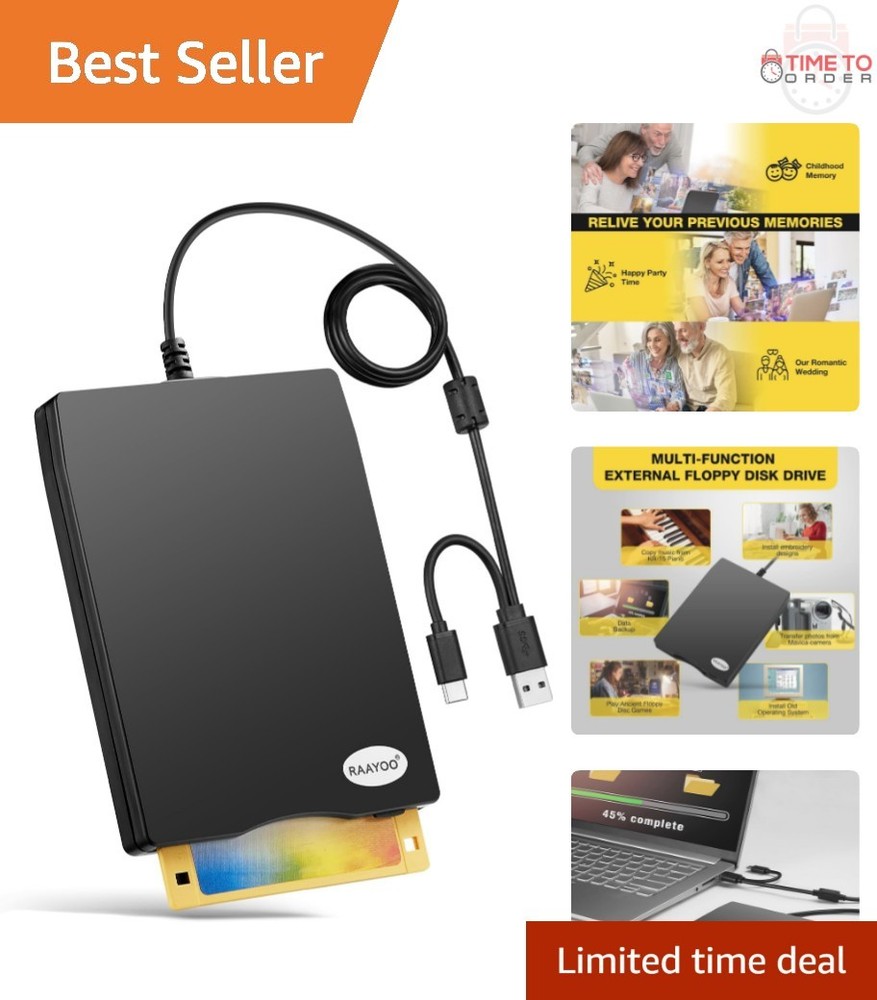 Floppy Disk Reader External USB 3.5 Inch 1.44MB Portable Floppy Drive for Win...