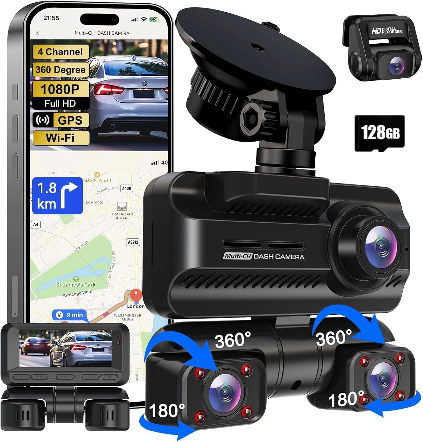 Dash Cam 4 Channels 360° Front Rear Inside DashCam 4K Full HD Car Camera