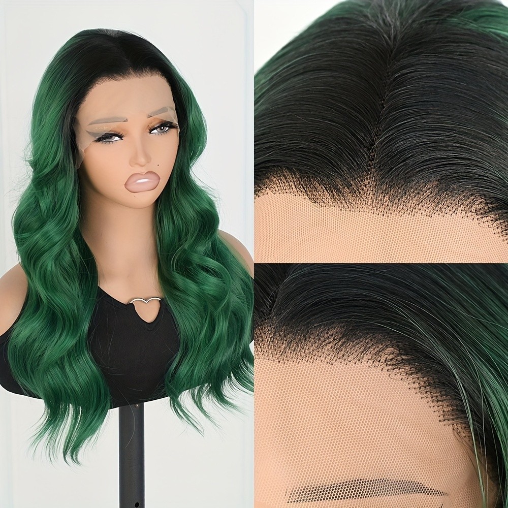 Dark Roots Ombre Green Color Wavy Synthetic Lace Front Wigs Pre Plucked Hairline