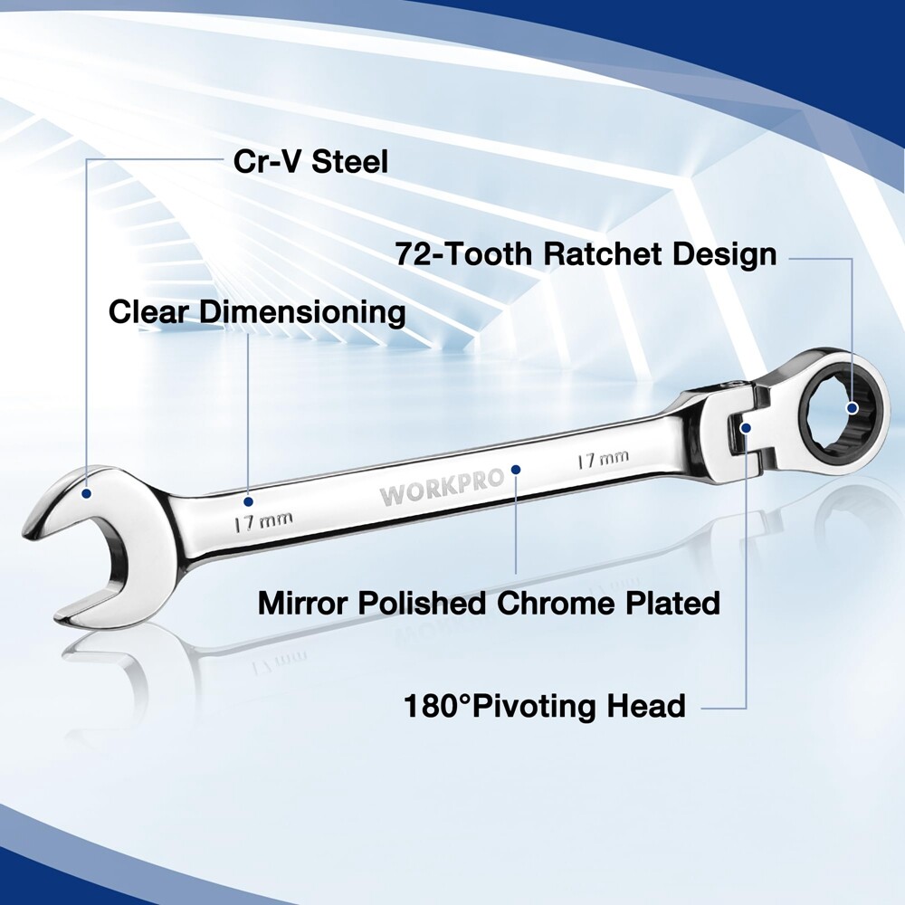 WORKPRO 22PC Ratcheting Wrench Set 72-Teeth Flex-Head Ratchet Combination Wrench