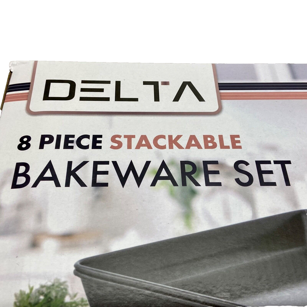 Delta 8 Piece Nonstick Stackable Bakeware Set Matte Black Rose Gold Trim NIB