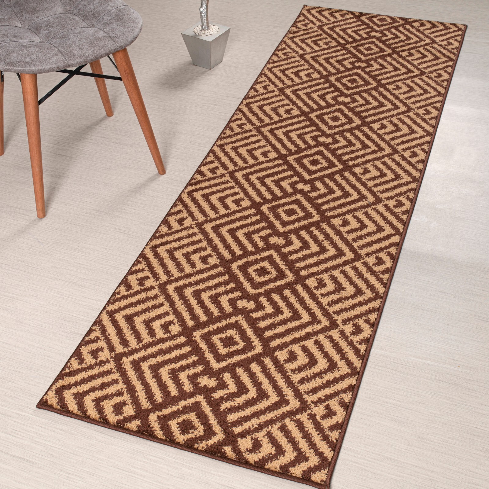 Custom Length Stair Hallway Runner Rug Non Slip Backing, Chevron Brown
