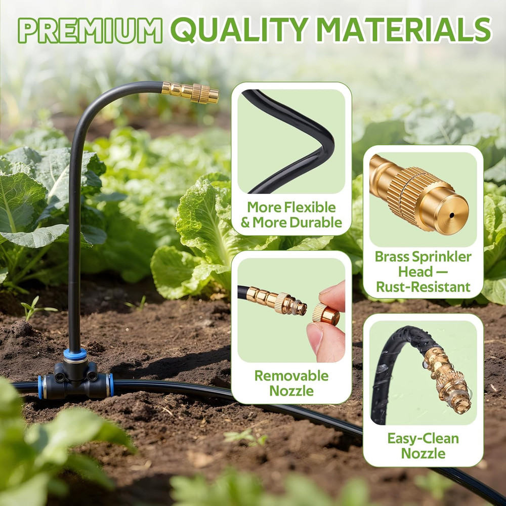 360° Adjustable Drip Irrigation System 100FT, 1/4" Tubing with Adjustable Copper