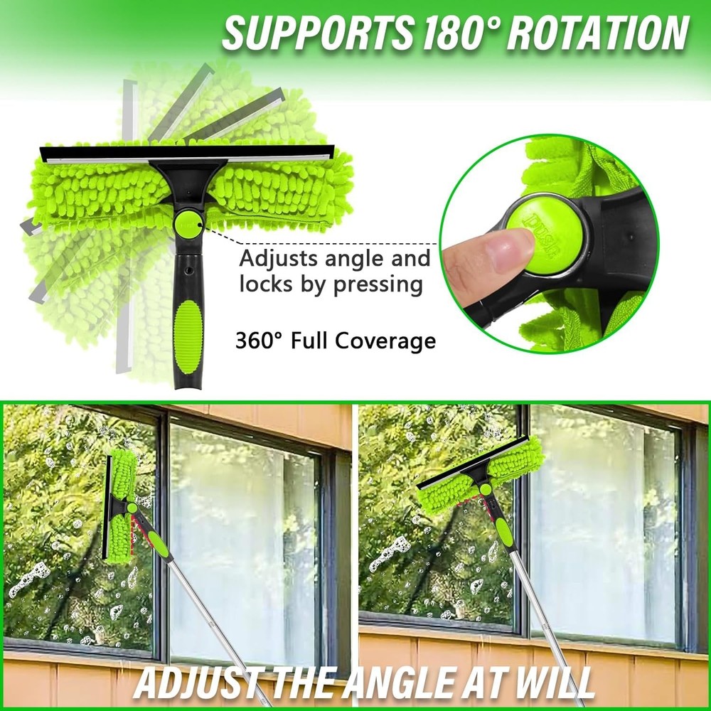 10-Section Telescopic Window Cleaner Pole with 2 Microfiber Pads & Squeegee