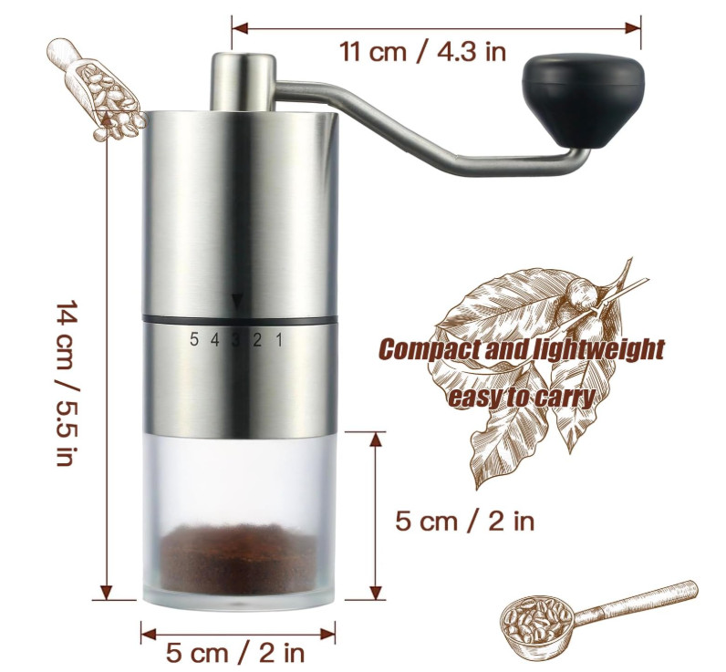 Portable Manuel Coffee Grinder Ceramic Conical Burr w/5 Adjustable Grind Setting