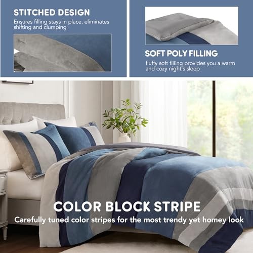 Queen Comforter Set, 3 Piece Luxe Microsuede, Pieced Design Full/Queen Blue