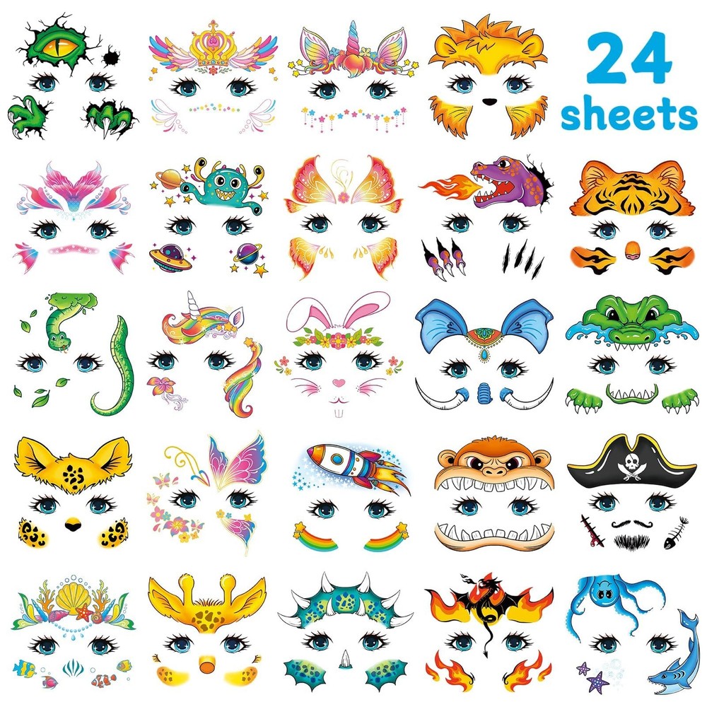 EMOME Face Tattoos for Kids - 24 Sheets Party Pack, Small, Multicolor