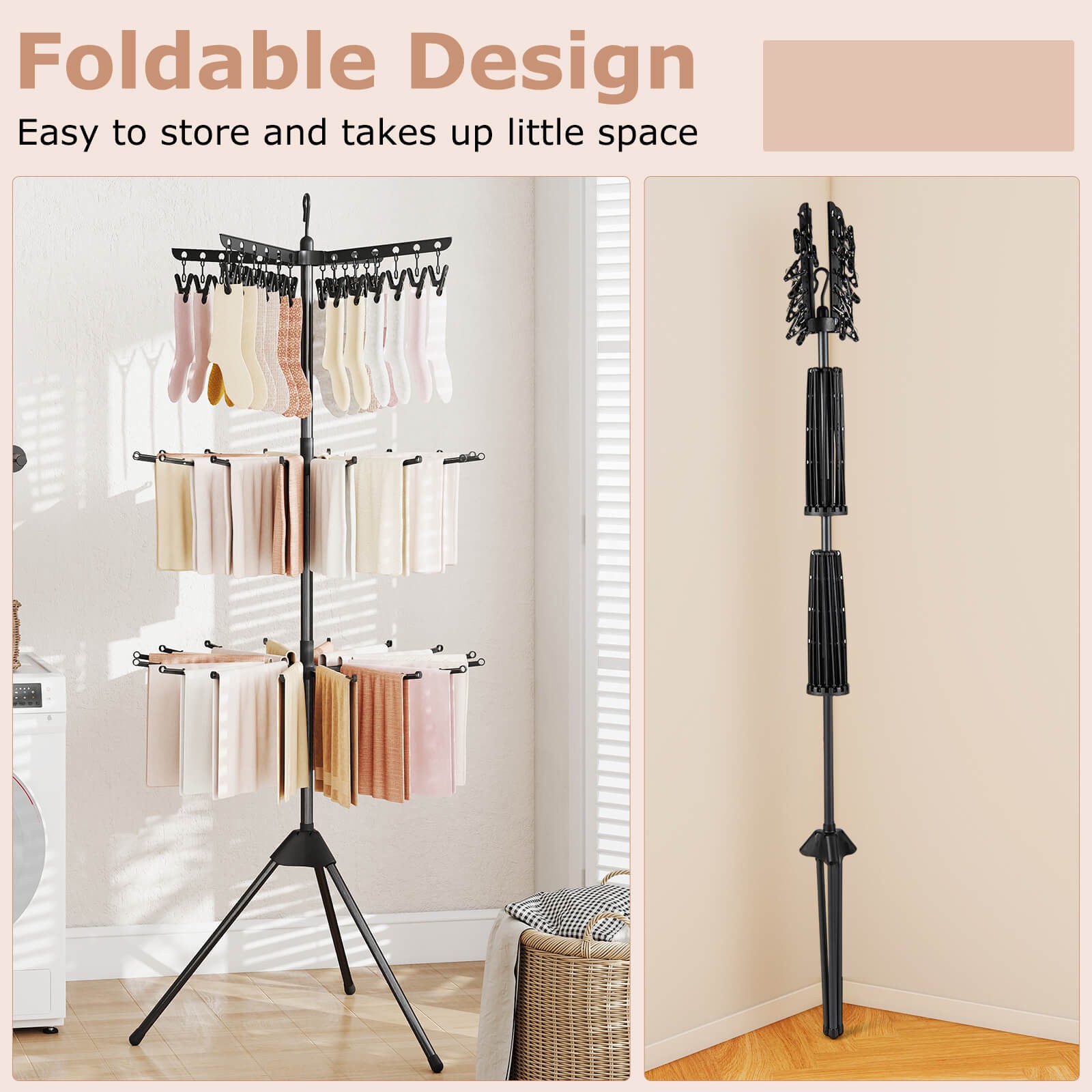 70" Folding Freestanding Tripod Laundry Drying Rack w/ 24 Clips & 32 Rods
