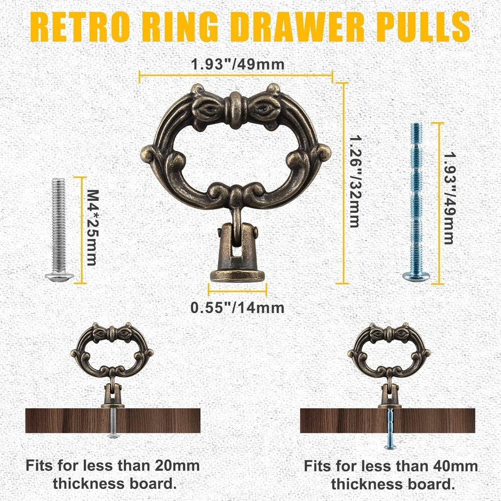 Luomorgo 6 Pcs Antique Bronze Drop Ring Drawer Pulls, Vintage Cabinet Pull
