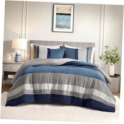 Queen Comforter Set, 3 Piece Luxe Microsuede, Pieced Design Full/Queen Blue