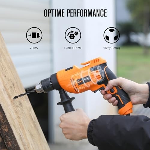 Powerful 5.8Amp Corded Hammer Drill, 1/2" Variable Speed, 9 Drill Bits & Handle