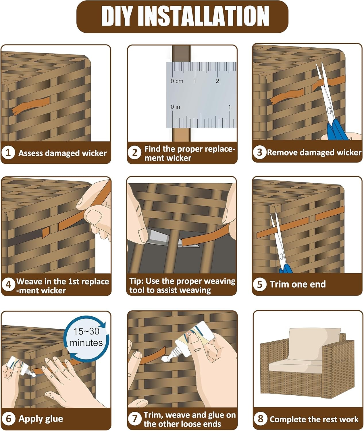 120 Ft Wicker Repair Kit, Plastic Wicker Repair Supplies, Gradient Dark Brown wi