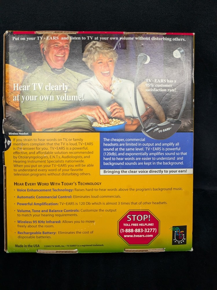 TV Ears Original Wireless Transmitter Headset TV Listening Device open box