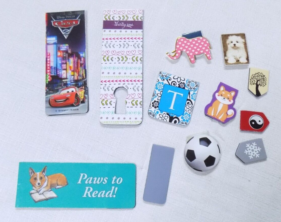 Lot Of 12 Magnetic Bookmarks Disney Cars, Corgi, Soccer, Cat, Dog, Elephant, Etc