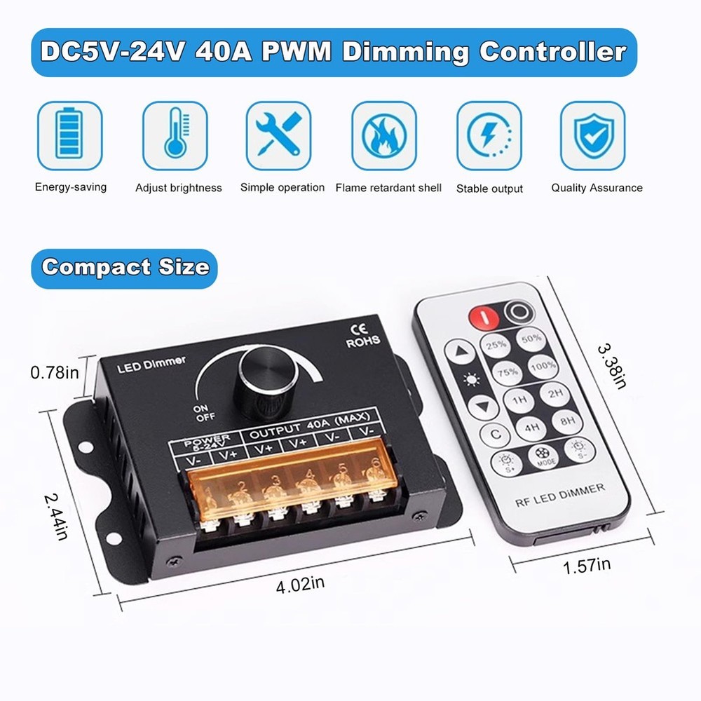 12v LED Dimmer with Remote Control &Timer Function, DC 5-24V 40A Aluminum5286