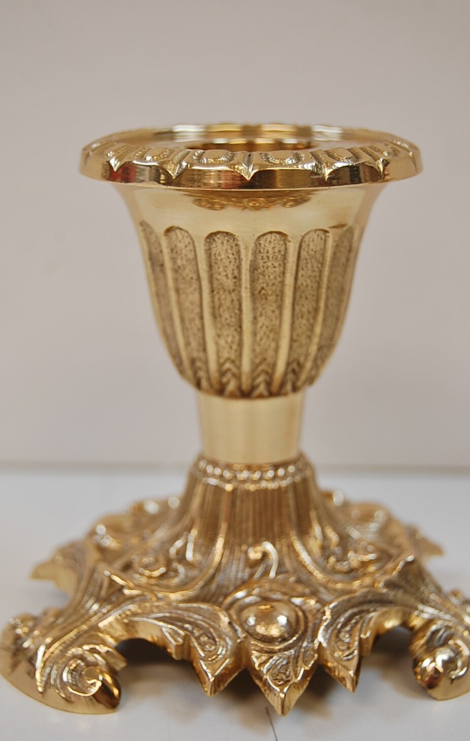 SET OF 6 SHORT 3 1/2" BRASS CHURCH ALTAR CANDLESTICKS & ALTAR CROSS (#399/#315)