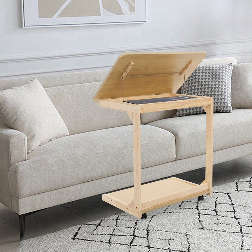2 Tier C Shaped Table With 4 Wheels Couch Table End Table For Drink & Snack US