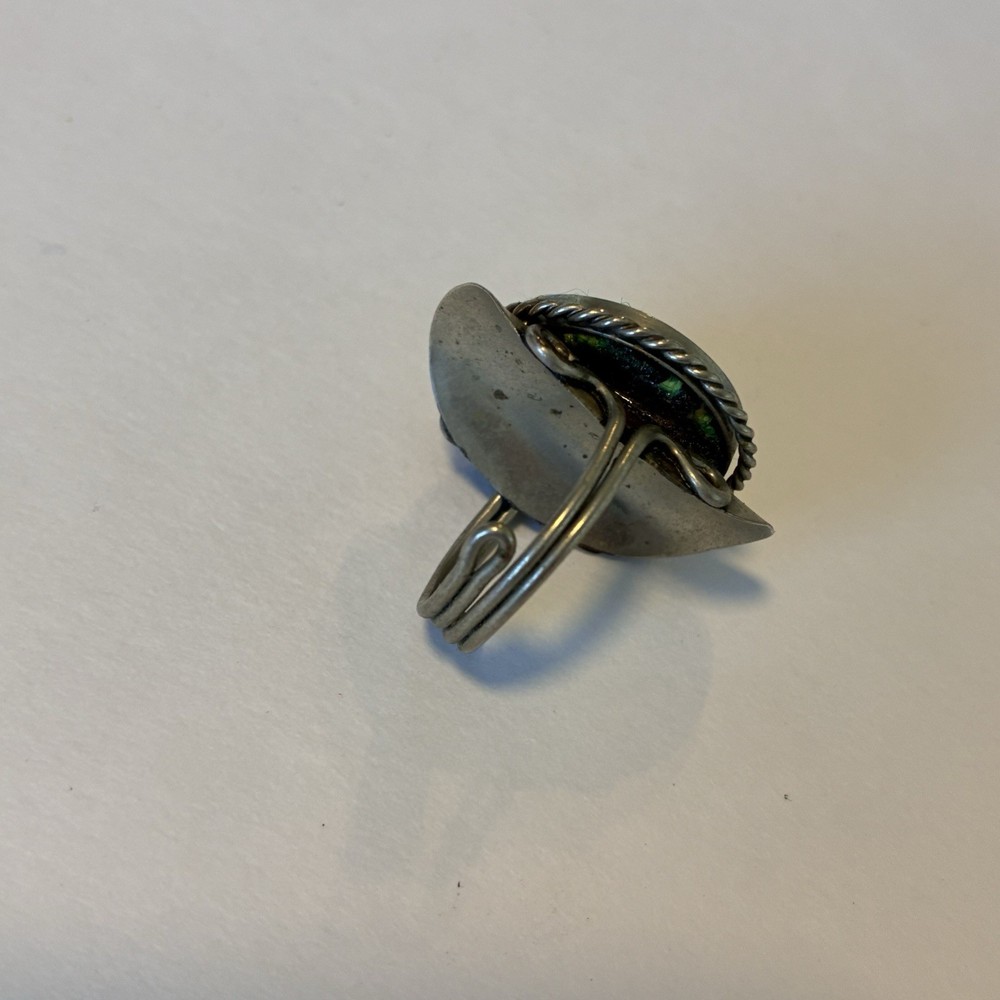 Boho Adjustable Green Woven Textile Ring with Twisted Rope Bezel Silver Toned