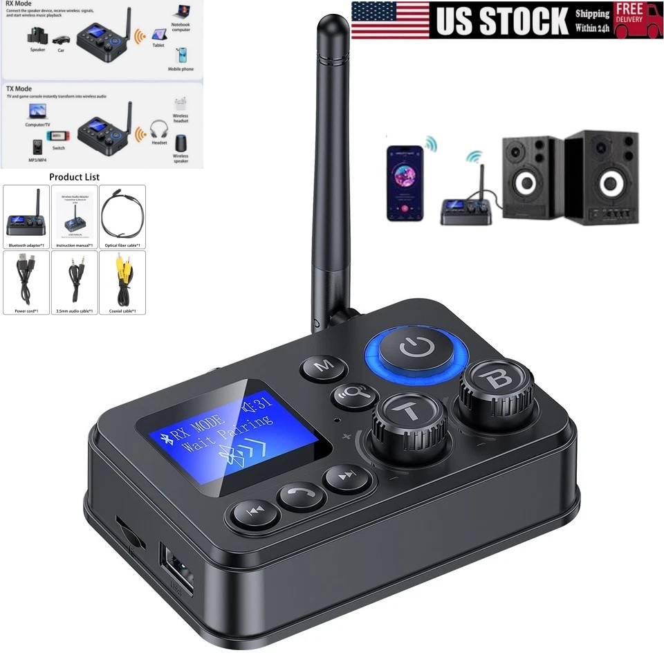 Bluetooth 5.4 Transmitter Receiver with 1.44" LCD Screen for TV/Home Stereo