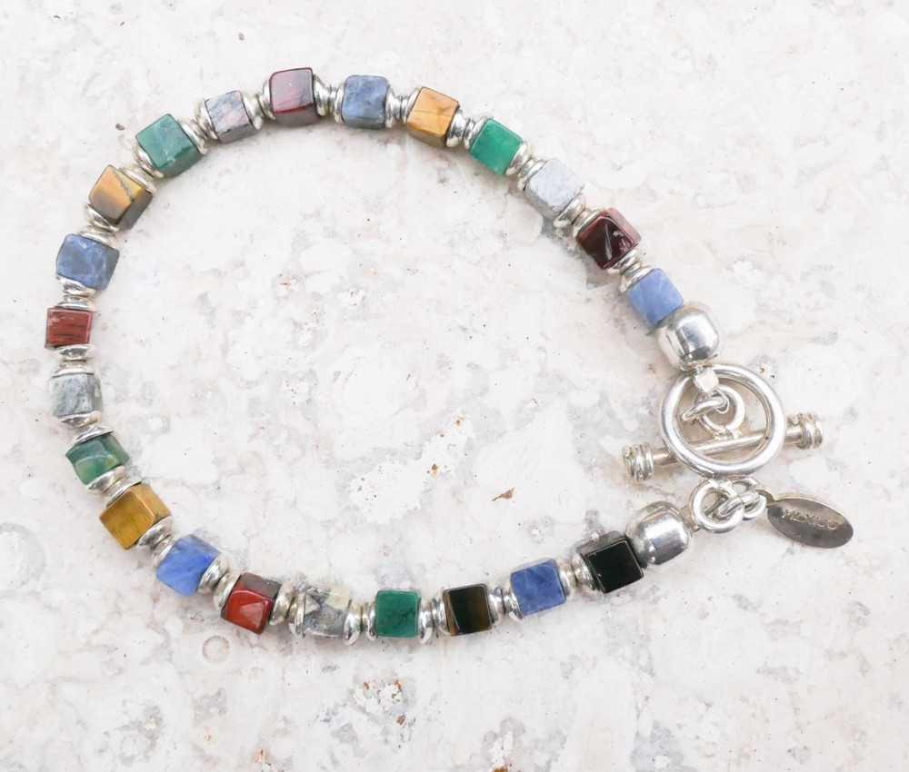 Silpada Sterling Silver Multi-Gemstone Cube Bead Bracelet 7.75" Toggle B0817