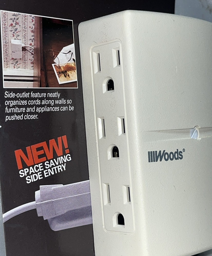 Woods Power 6 Grounded Outlets Side Entry Feature Space Saving New !