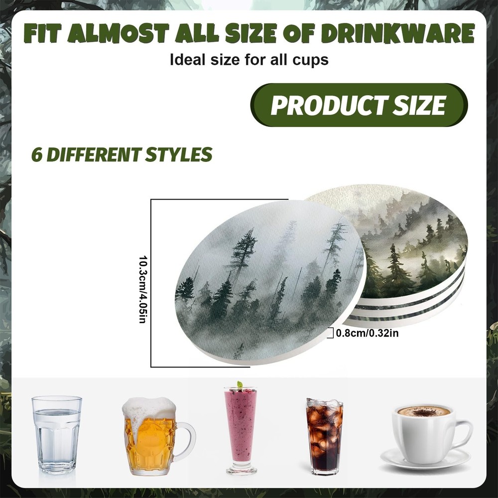 Whaline 6Pcs Forest Coasters with Holder Misty Forest Ceramic Drink Coasters ...