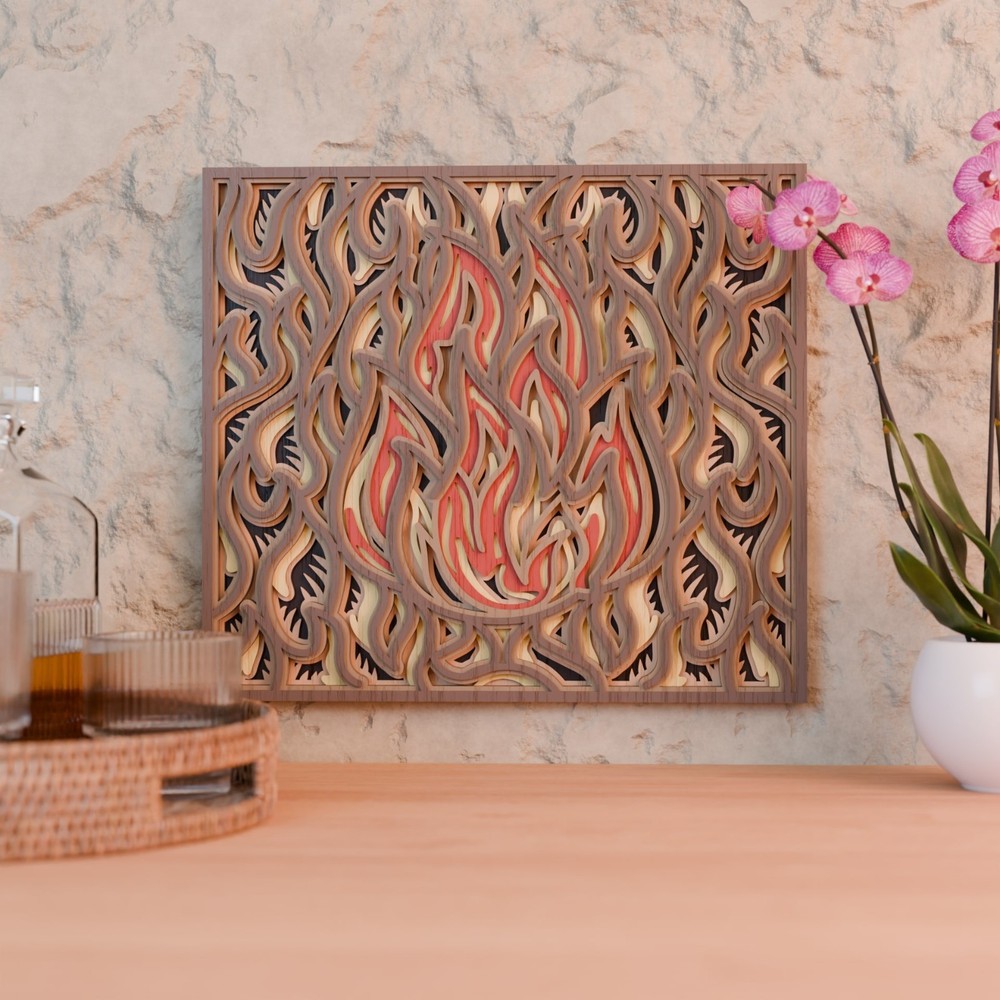 Fire Mandala Layered SVG | Flame Wall Panel | 3D Wooden Laser Cutting