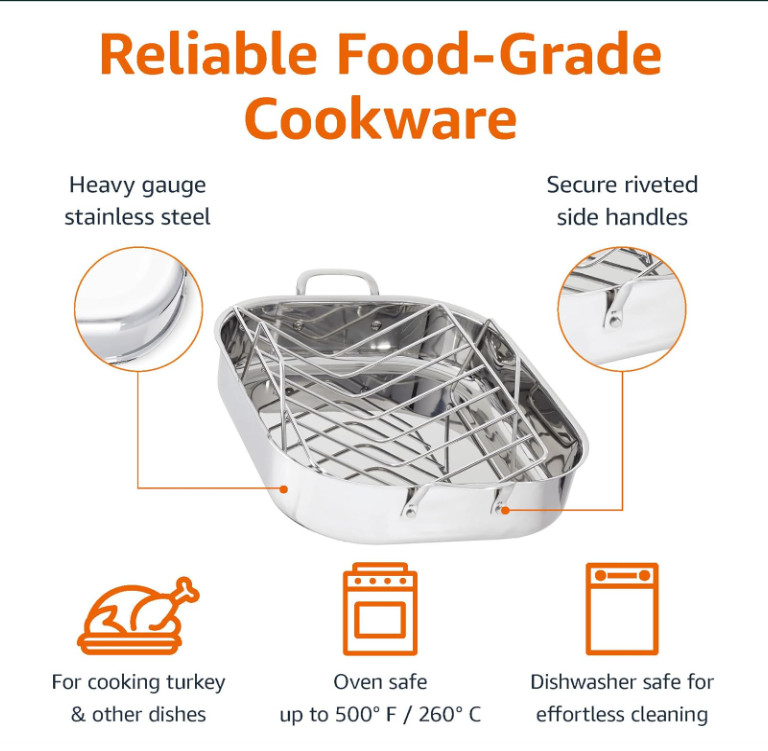 Stainless Steel Rectangular Roasting Pan with Rack, Turkey Roaste,16 in