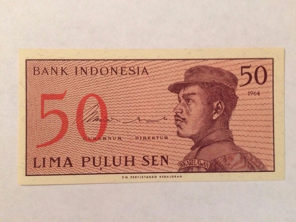 1964 Indonesia 50 Sen Banknote; Crisp, Uncirculated