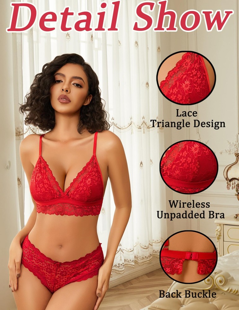 Avidlove Deep V Lace Minimizer Bralette Soft Wireless Adjustable Red L