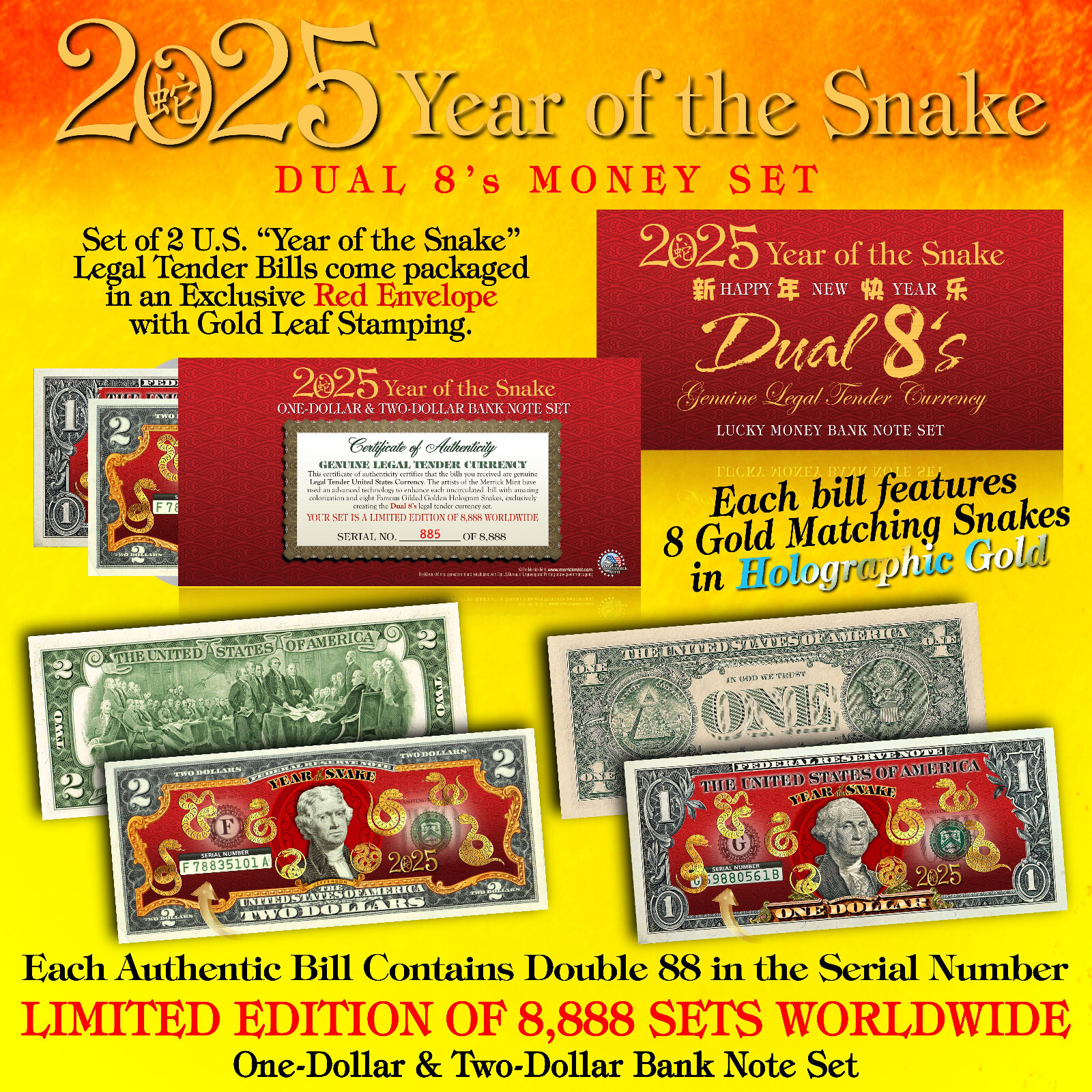 2025 Chinese New YEAR OF THE SNAKE Lucky Money $1 & $2 Set DUAL 8s GOLD SNAKES