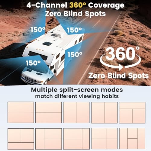 4 Wired Backup Camera System: 10.1" 1080P Touch DVR Recording Quad Split