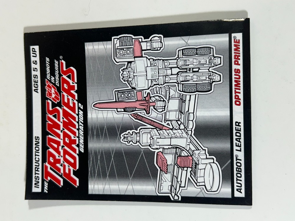 Transformers G2 Laser Optimus Prime box, Instructions & sticker sheet