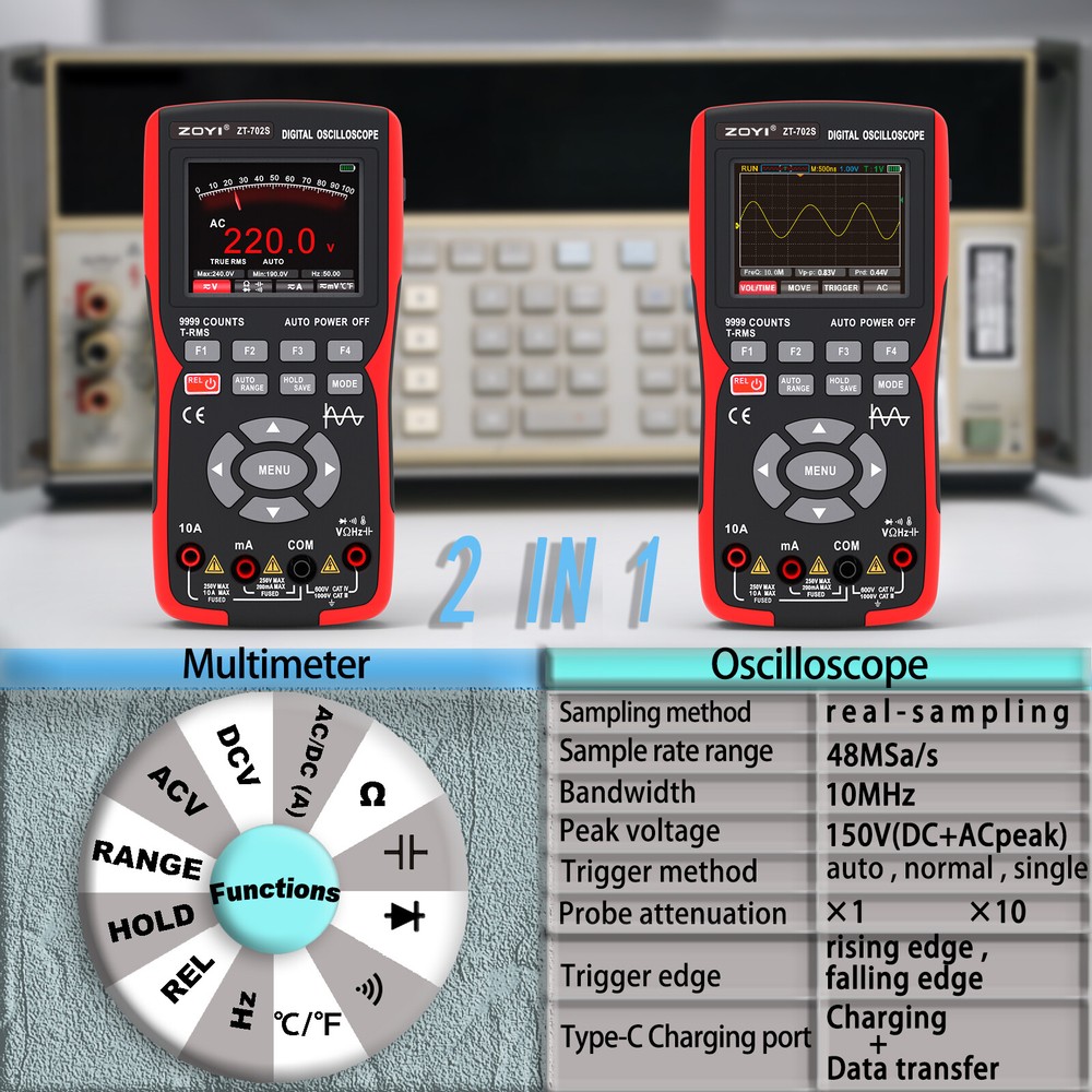 2 IN 1 Digital Oscilloscope Multimeter 9999 Counts 48M/S Waveform Data Storage