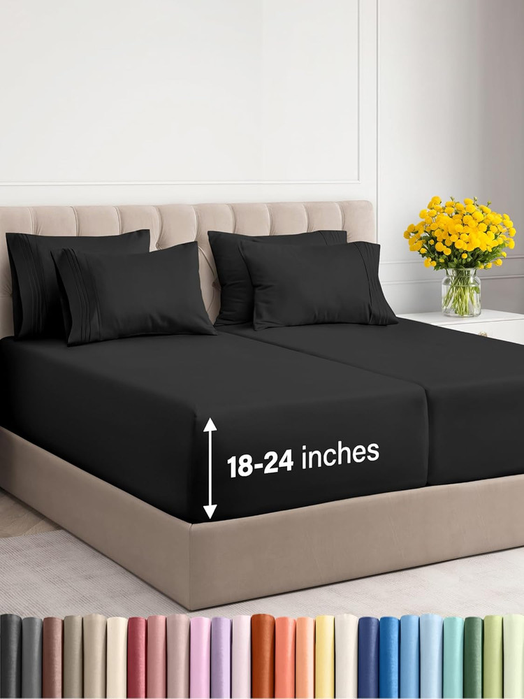 Extra Deep Split King Sheet Set - 7 Piece Breathable & Cooling Sheets - Hotel Lu