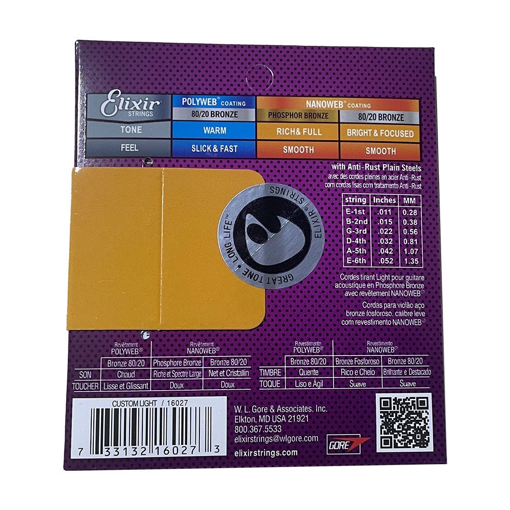 Elixir Phosphor Bronze Acoustic Guitar Strings Custom Light (11-52) 2-Pack US