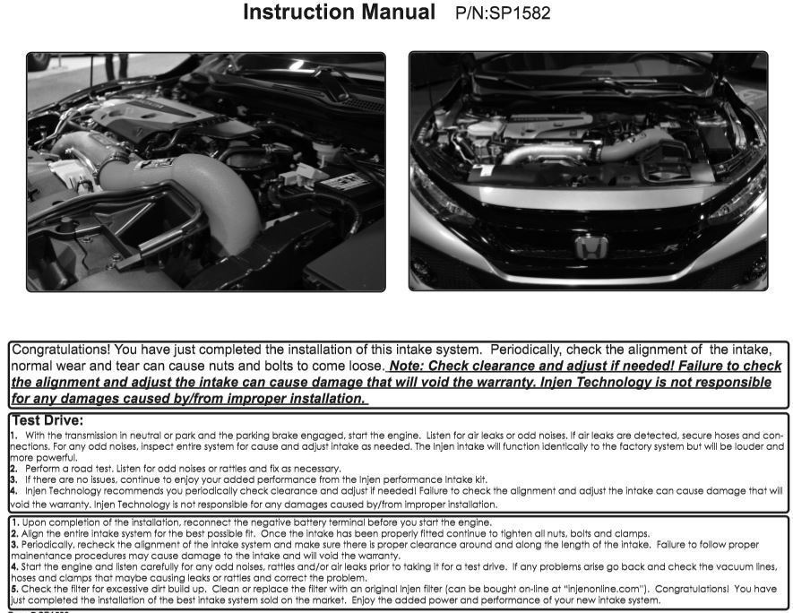 INJEN SHORT RAM AIR INTAKE POLISH FITS 2017-2018 HONDA CIVIC TYPE-R FK8 SP1582P