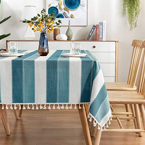 Striped Tassel Tablecloth Stitching Rectangle 120" x 55" (Rectangular) Teal