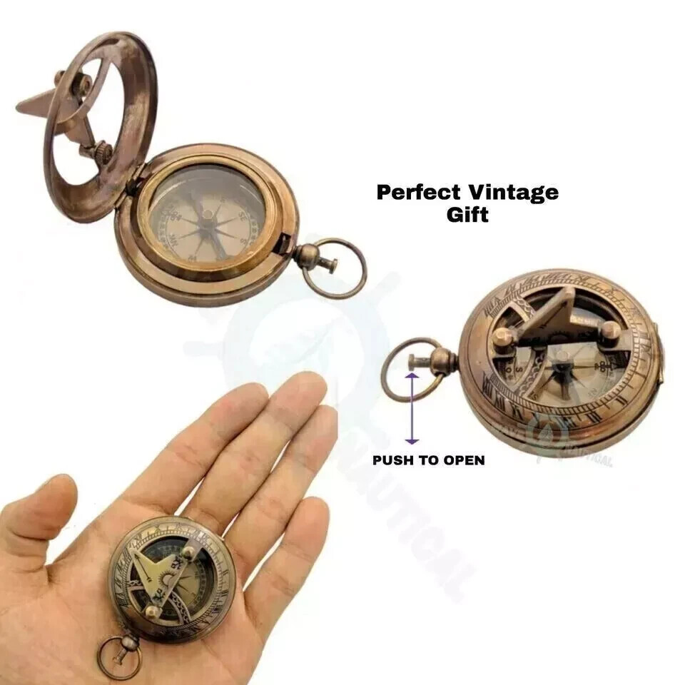 Brass Push Button Compass Antique Finish Compass With Wooden Box Gift