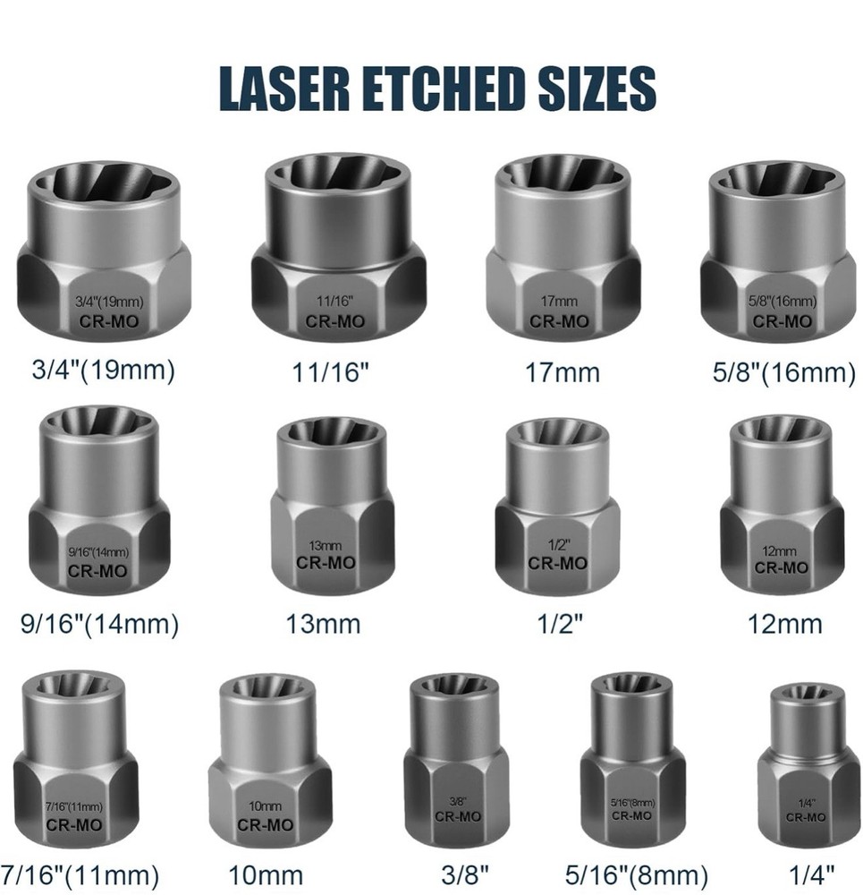 15Pcs Bolt Extractor Kit 3/8" Dr. Impact Bolt & Nut Screws Stud Remover Socket
