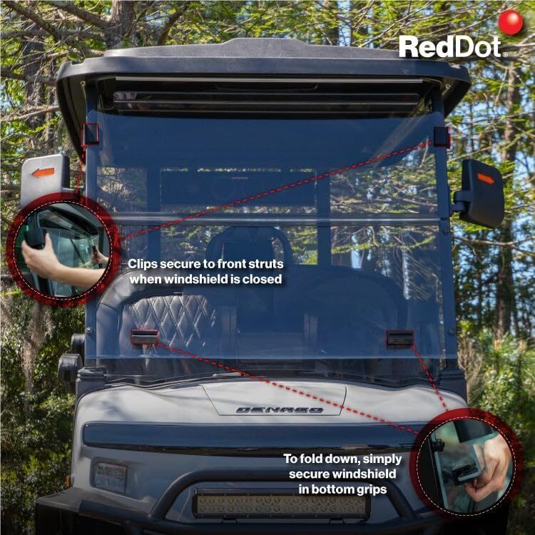 RedDot 1/4" Folding Golf Cart Windshield for Denago EV Rover XL - Tinted