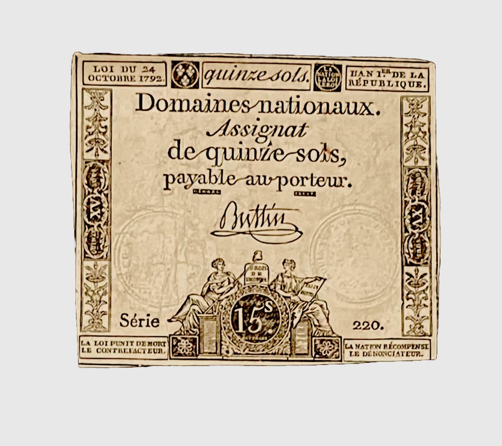 FRENCH REVOLUTION PRINTED NOTE 15 Sous Assignat 1792