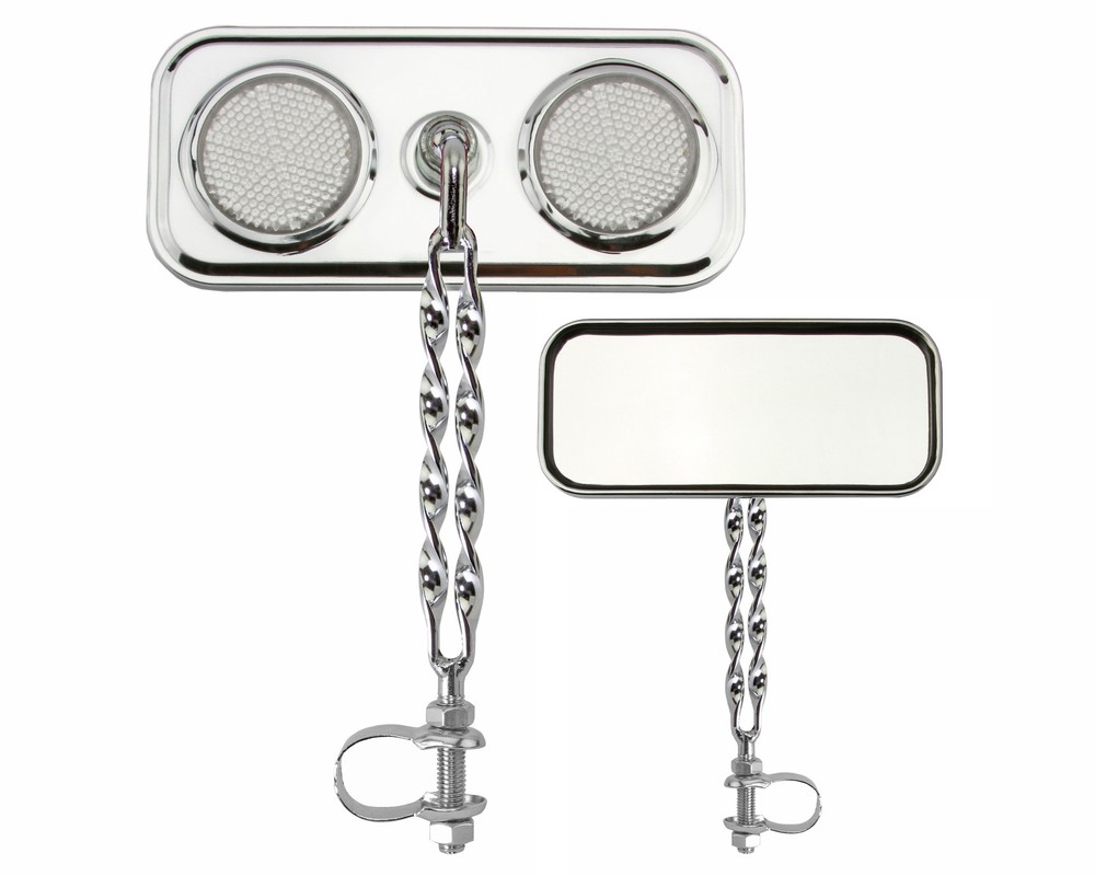 Two Bike Rectangle Double Flat Twisted Mirror Chrome Clear Reflectors.